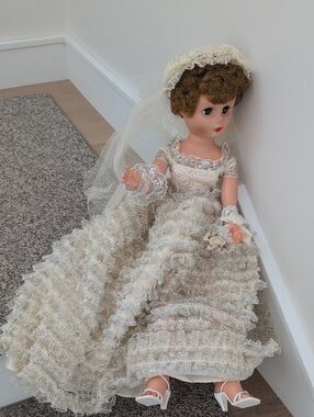 One Week Listing.Vintage-Inspired Bride Doll...Ivory Lace Ruffle Dress with Veil